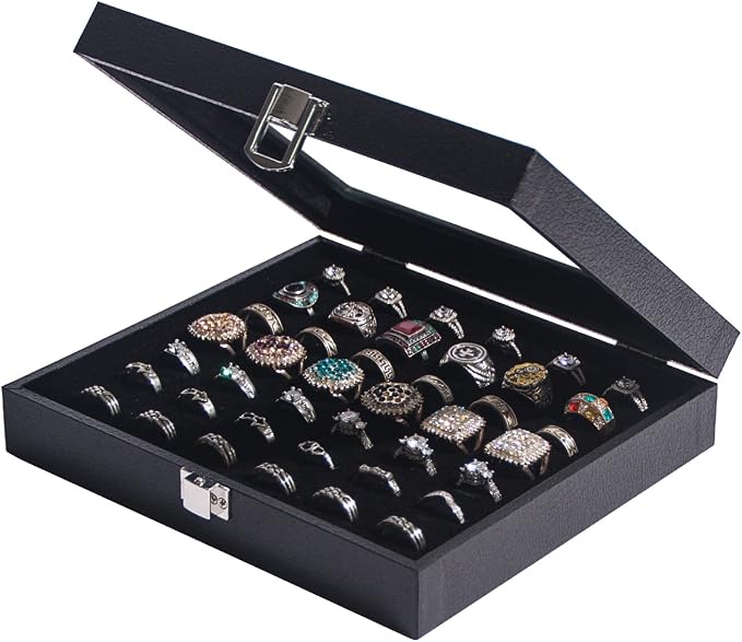 Pangkeep Ring Organizer Display Case,Black Jewelry Storage Tray Boxes for Multiple Rings,Glass Lid,Stackable. (42 Slots) by Pangkeep