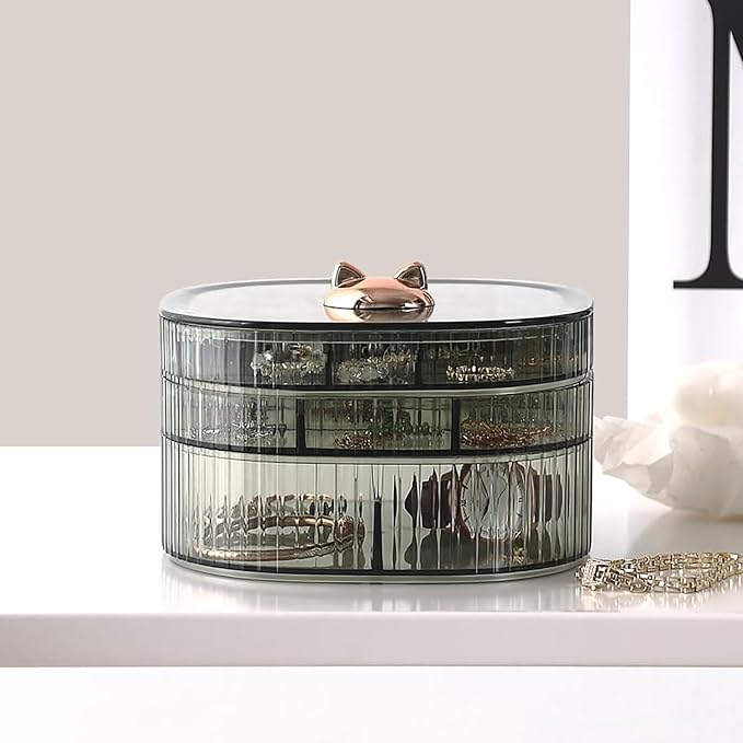 HALAFE Jewelry Box, 3-Layer Acrylic Jewelry Organizer with Cat Shape Handle, Clear Jewelry Boxes for Women Girls, Make up Organizer, Jewelry Storage Holder (Green, Cat) - Image 2