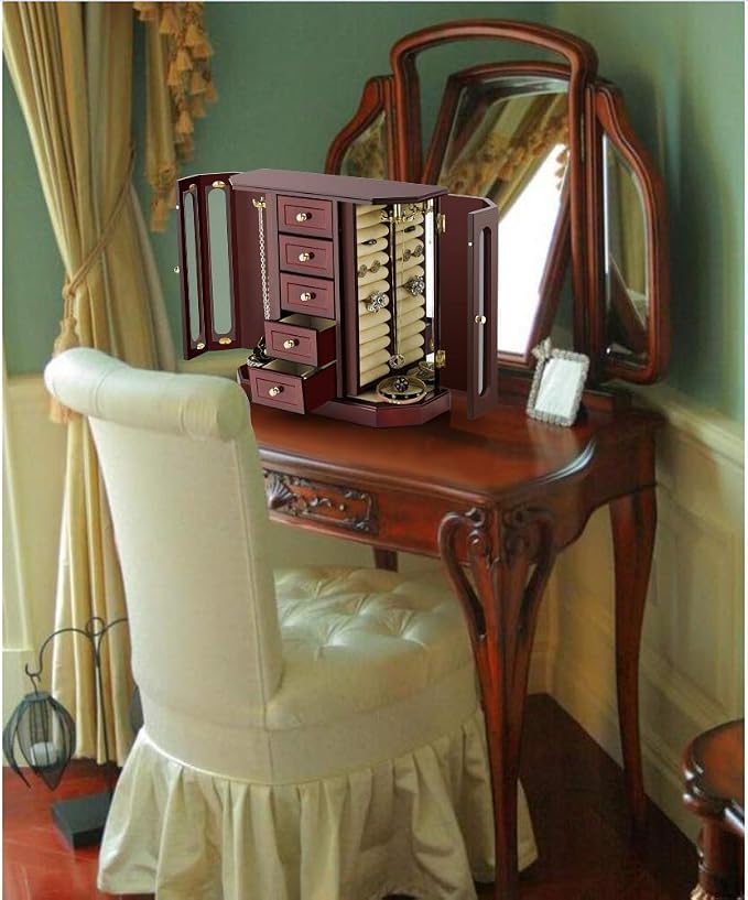 RR ROUND RICH DESIGN Jewelry Box - Made of Solid Wood with Cabinet Type 5 Drawers Organizer and 2 Separated Open Doors on 2 Sides and Large Mirror Brown - Image 7