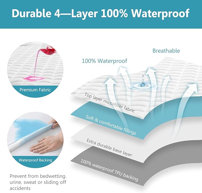 California King Size Quilted Fitted Mattress Pad Cover, 100% Waterproof Mattress Protector, Deep Pocket Fitted 8" - 21", Breathable & Noiseless, Soft and Comfortable (72" x 84", White)