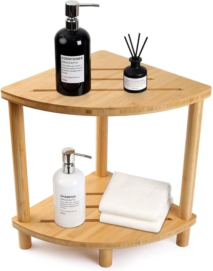 Upgraded Bamboo Corner Shower Stool for Inside Shower Waterproof,2-Tier Shower Foot Rest with Storage Shelf,Corner Shower Shelf Bench Caddy Shaving Leg,Bath Seat,Gifts for Women Mom by Unknown