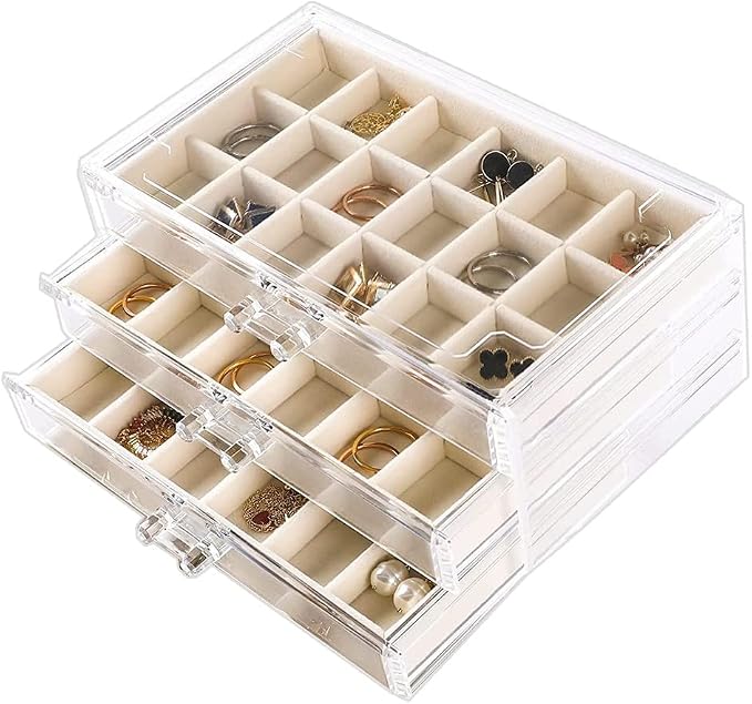 YUFONG Earring Organizer Box Acrylic Jewelry Organizer with 3 Drawers 54 Adjustable Grids Clear Stackable Earring Holder Velvet Trays Ring Display Case for Women Girls (Beige) - Image 6