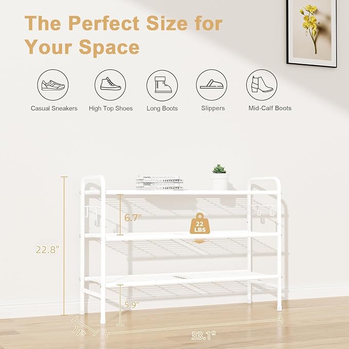 VILICK 3 Tier Shoe Rack 33" Wide Metal Shoe Organizer Long Shoe Storage with 4 Side Hooks Sturdy Shoes Shelf for Front Door Entrance, Closet, Garage, Dorm, White - Image 3