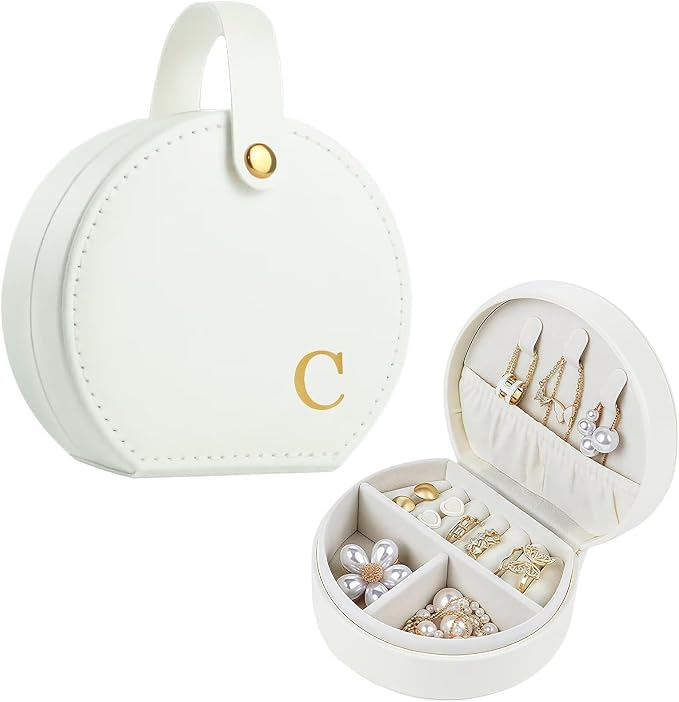 Travel Jewelry Case, Elegant Half-Moon Design with Golden Accents, Detachable Handle, White Personalized Accessory Organizer, Fashion-Forward Gift for Women and Teens(C) by Yoqanr