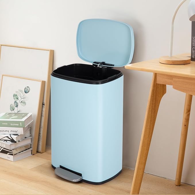 FDW | 13 Gallon Trash Can with Lid | Blue | Fingerprint-Proof | Made of Brushed Stainless Steel | Soft-Close Step Pedal | Hands-Free Use | Easy to Clean | for Kitchen, Office, Bathroom - Image 2