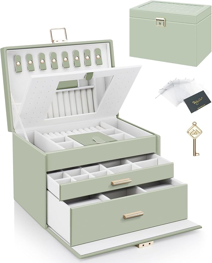 DesignSter Jewelry Box for Women Girl, 3-layer Lockable Jewelry Organizer with Mirror, Large Leather Jewelry Case for Earring Necklace Ring Bracelet Watch by DesignSter