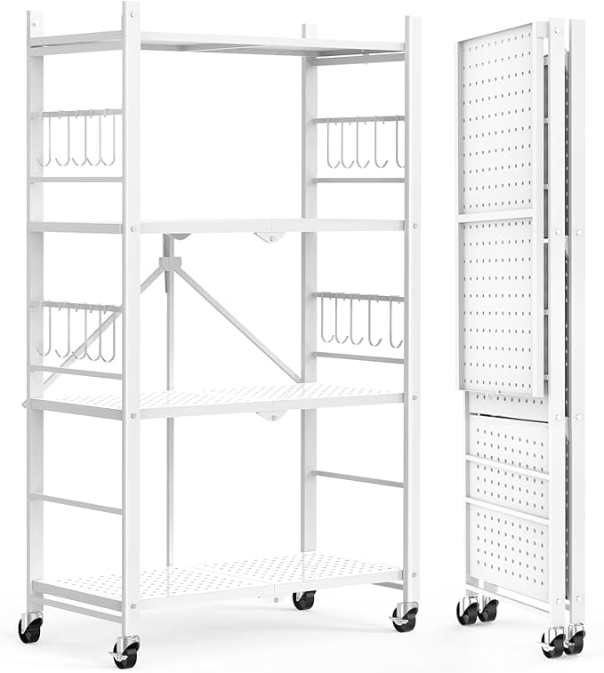 Himix Storage Shelves with 20 Hooks, 4-Tier Foldable Shelves for Storage, Folding Shelf Unit Pantry Shelves with Wheels, Metal Shelving Storage Rack Shelf for Kitchen Garage Home, White - No Assembly - Image 8