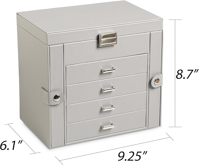 Frebeauty 5-layer Jewelry Box,Faux Leather Jewelry Organizer with 4 Drawers,Jewelry Organizers and Storage with Mirror,Jewelry Holder Organizer for Necklace,Jewerly Boxes for Women Girls(Grey) - Image 2
