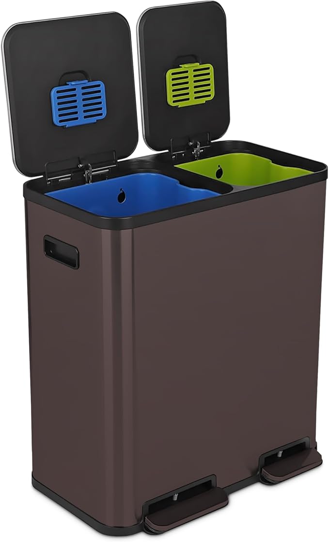 SIMPLI-Magic 18.5 Gallon (70L) Dual Compartment Kitchen Trash Can - Hands-Free Step Pedal, Soft-Close Lid, Stainless Steel Recycling Bin with Odor Filter (40L + 30L) by Simpli-Magic