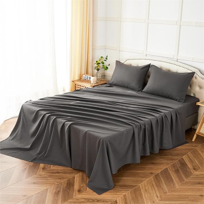 ILAVANDE King Size Sheets Set 4 Piece, Hotel Luxury Super Soft 1800 Series Microfiber Grey Bed Sheets King Set-Wrinkle Free & Breathable-14 Deep Pocket Sheets for King Size Bed(King,Neutral Grey)