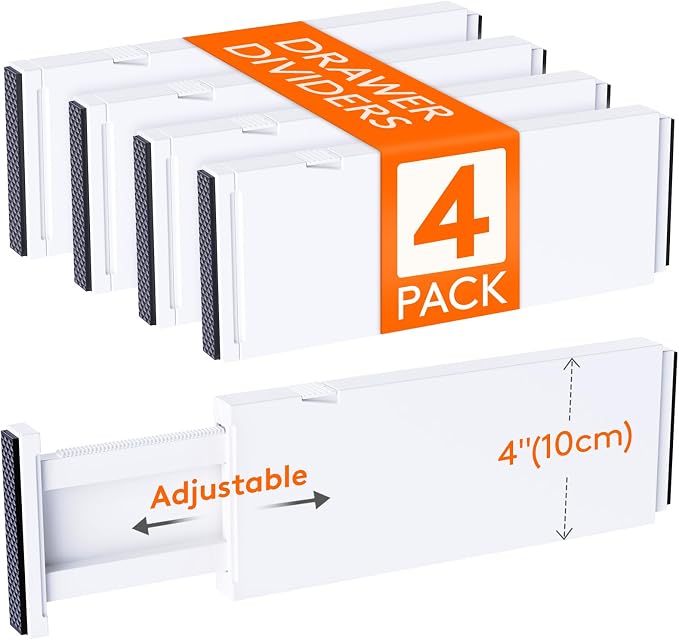 Lifewit 4 Pack 4" High Drawer Dividers 28 -43.5cm/11-17" Adjustable Kitchen Drawer Organiser, Expandable Drawer Dividers Separator for Clothes in Bedroom/Bathroom/Office Organisation & Storage White by Lifewit