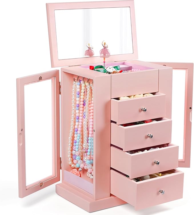 Emfogo Jewelry Box for Girls, Musical Jewelry Box with Spinning Dancer Gifts for Little Girls Christmas New Year Birthday Children's Day, 5 Layer Large Wooden Kids Music Jewelry Organizer Box(Pink) by Emfogo