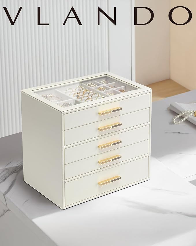 VLANDO 5 Layer Jewelry Box for Women, Glass Lid Jewelry Organizer with 5 Drawers for Necklaces Rings Earrings Bracelets - Cloud White - Image 2