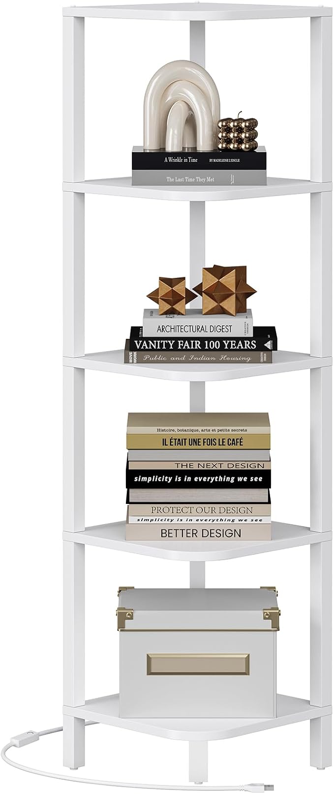 TUTOTAK Corner Shelf with LED Light, 5-Tier Corner Bookshelf for Small Space, Narrow Display Corner Shelf Stand with Storage Rack, for Living Room, Bedroom, White BS08BW005L - Image 9
