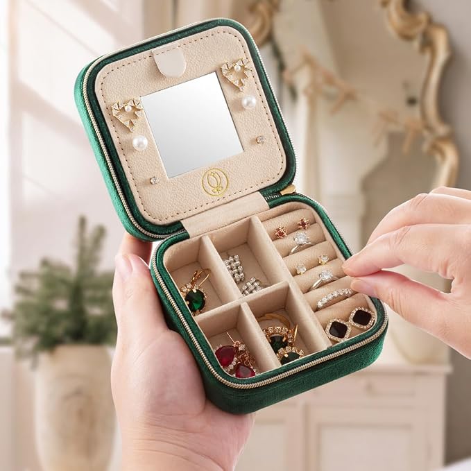 Plush Velvet Jewelry Travel Case,Small Jewelry Box,Traveling Jewelry Organizer,Portable Jewellery Storage Holder for Rings Earrings Necklace Bracelet, for Girls Women | Green-Mirror - Image 2
