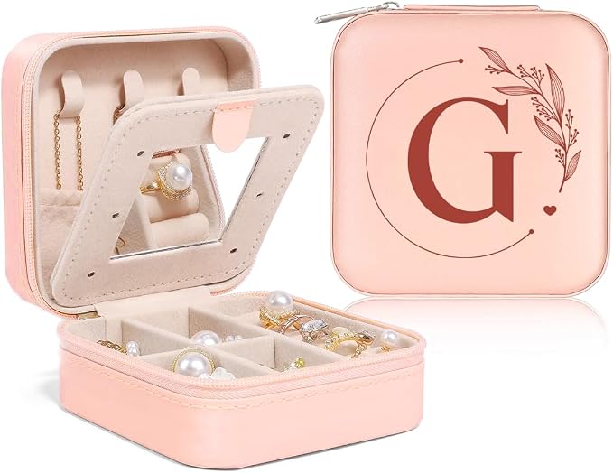 SANDJEST Personalized Jewelry Box, Pink Small Travel Jewelry Box with Initial G, Monogrammed Jewelry Case Organizer for Girls Women Teen, Mini Travel Essentials Gifts for Christmas Birthday by SANDJEST