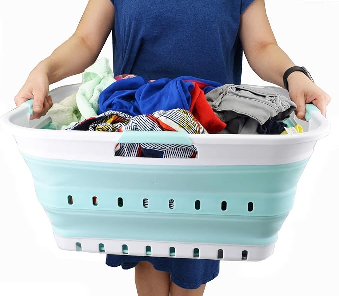 SAMMART 42L (11 gallon) Collapsible Plastic Laundry Basket - Foldable Pop Up Storage Container/Organizer - Space Saving Hamper/Basket (1, White/Lake Green) - Image 7