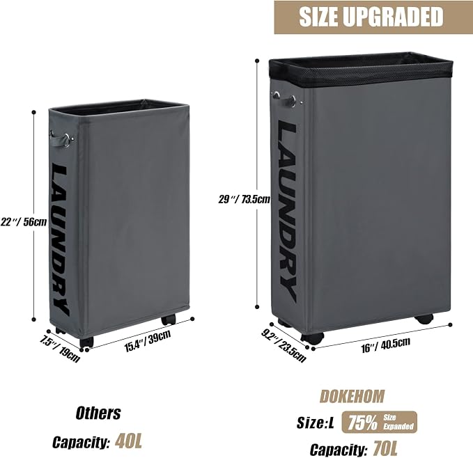 DOKEHOM 29-Inches Enlarged Slim Laundry Basket with Removable Wash Bag on Wheels, Collapsible Rolling Laundry Hamper, Foldable Narrow Corner Clothes Storage Bins (Dark Grey) - Image 3