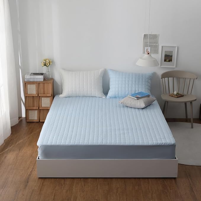 Quilted 100% Cotton Mattress Cover – 6 Colors, Machine Washable, Breathable & Stretchy, Fits up to 16-Inch Deep, Twin/Full/Queen/King (Blue, Full)