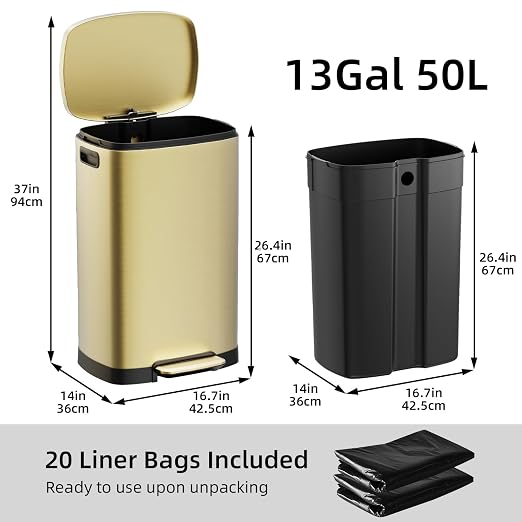 KUK 13 Gallon/50L Stainless Steel Kitchen Trash Can with Lid and Step Pedal-Large Capacity Garbage Bin with Odor Seal, Silent Close Lid, Removable Inner Bucket, Titanium Gold - Image 7