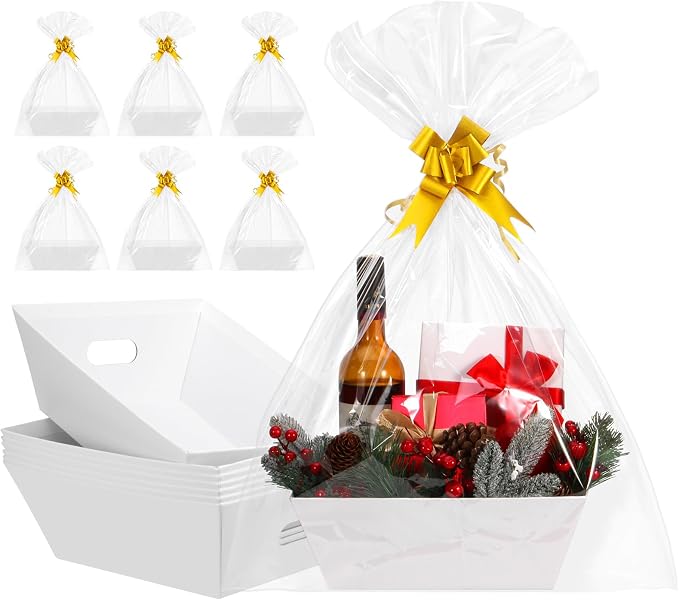 AFOROEOA 10PACK White Baskets For Gifts Empty, 10x12”Thick Kraft Gift Basket with 10 Bows 10 Bags Empty Gift Baskets for Christmas, Easter, Birthdays, Snacks, Farmers Market by AFOROEOA
