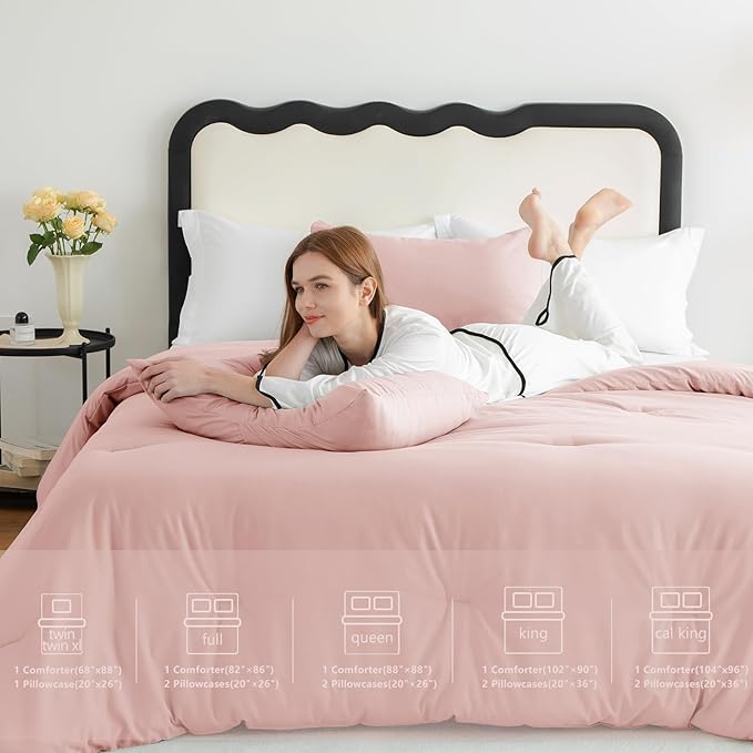 CozyLux King Size Comforter Set Blush Pink, 3 Pieces Solid Comforters King Size Breathable Bedding Sets, Luxury Soft Lightweight Bed Set with Down Alternative Comforter and 2 Pillowcases All Season
