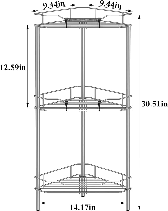 HuggieGems 3 Tier Floor Standing Corner Shower Caddy Organizer Shelf with Hooks, Bathroom Shelves Stand Rack, Gray - Image 7