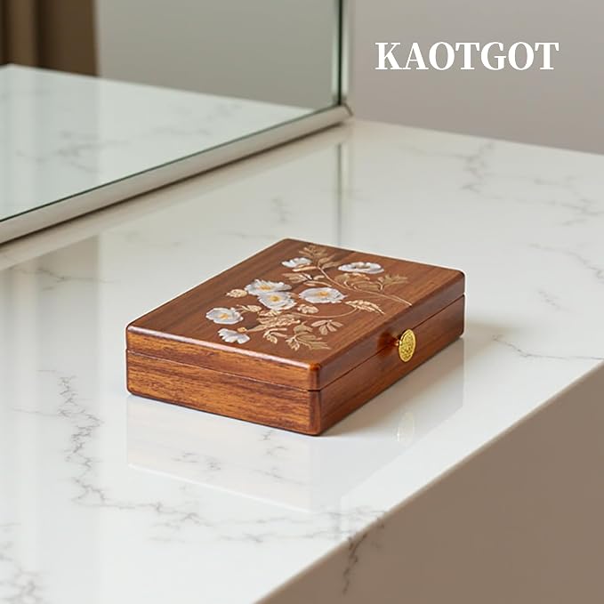 Travel Jewelry Case Small Wood Jewelry Organizer Jewelry Box for Women (Nut-Brown Print A) - Image 7