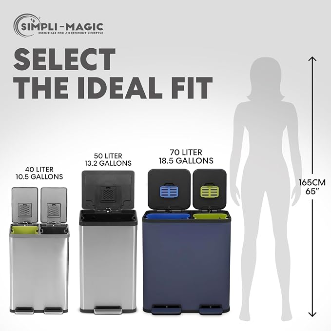 Simpli-Magic 70 Liter / 18.5 Gallon Rectangular Hands-Free Dual Compartment Recycling Kitchen Step Trash Can with Soft-Close Single Lid, Stainless Steel (40L x 30L Capacity), Blue - Image 4