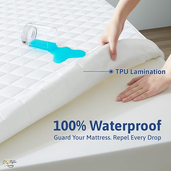 Cottington Lane 400 GSM Queen Size Waterproof Quilted Mattress Pad Protector, Soft Microfiber Mattress Topper Cover with TPU Backing, Deep Pocket Fits up to 21 Inch Mattresses, White