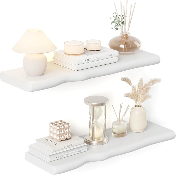 Floating Shelves for Wall Rustic Farmhouse 24 Inch Floating Shelf Bathroom Wooden Shelves for Wall Mounted Live Edge Pine Shelf with Unique Natural Grain for Living Room Bedroom Kitchen (White) by Unknown