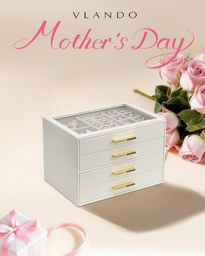 VLANDO 4 Layer Jewelry Box for Women, Glass Lid Jewelry Organizer with 4 Drawers for Necklaces Rings Earrings Bracelets - Cloud White - Image 2