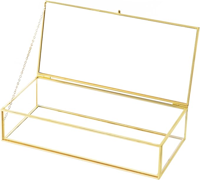 Glass Jewelry Box, Vintage Rectangle Gold Keepsake Box Organizer Box Vanity Lidded Box Home Decor Accent Decorative Box for Storage Trinket Rings Bracelet by Kendiis