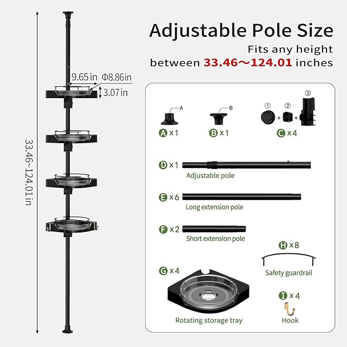 shuang qing 360° Rotating Corner Shower Caddy Tension Pole Organizer - 4-Tier Adjustable Rustproof Metal Pole, Plastic Shelves with Safety Guardrail, Bathroom Storage for Shower & Bathtub(Black) - Image 2
