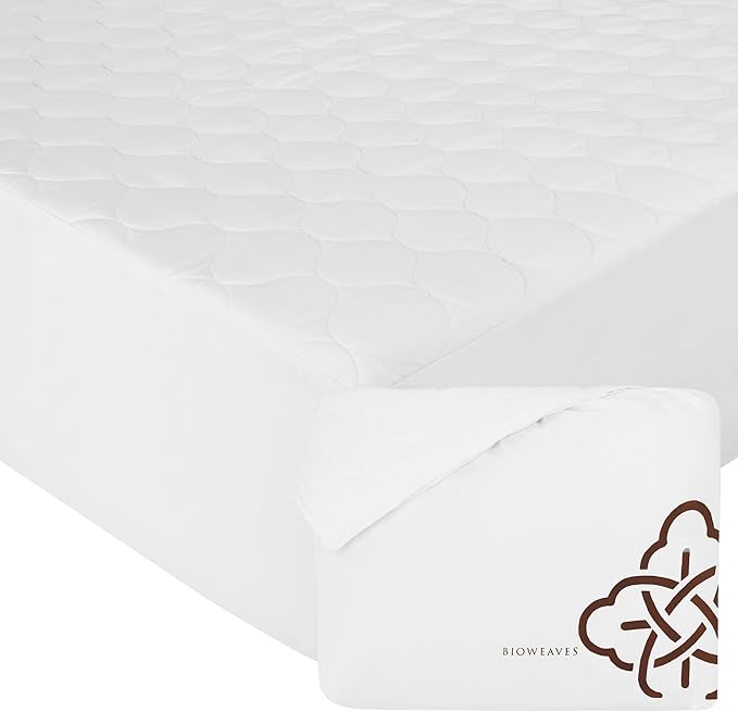 Bioweaves 100% Organic Cotton Mattress Pad Cover, GOTS Certified Cooling 300GSM Quilted Fitted Mattress Topper & Protector with Soft Cotton Wadding - White, 20 Inch Deep Pocket, Queen