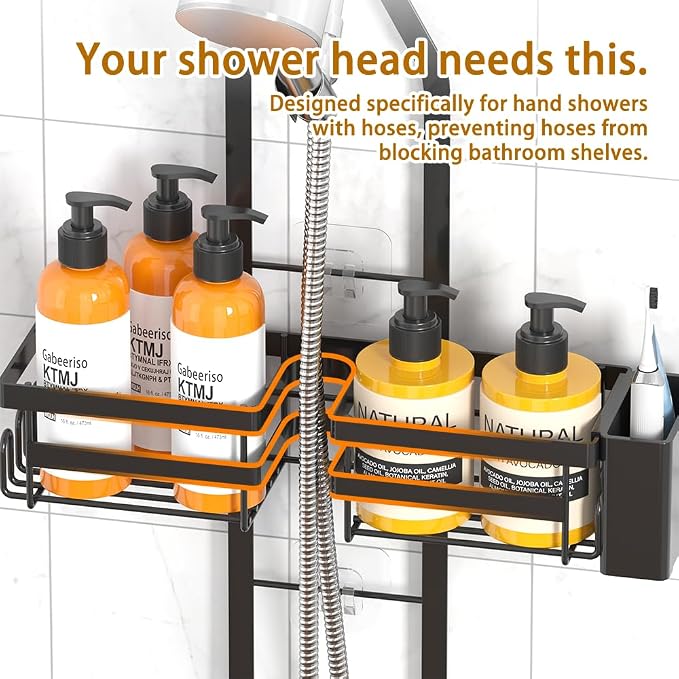 Over the Shower Head Caddy for Handheld Showerhead - Rustproof Hanging Shower Organizer, No Drill 2-Tier Bathroom Storage Shelf with Soap Holder, Black - Image 3