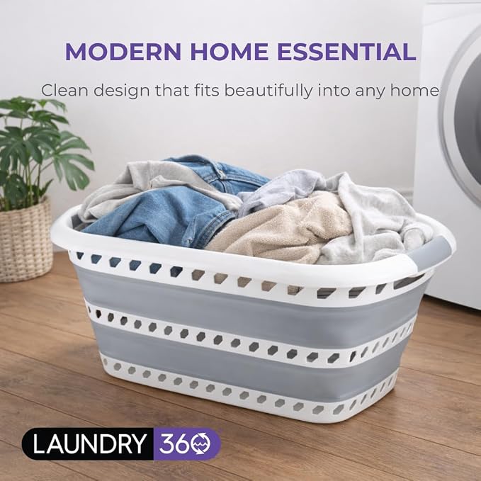 Laundry 360 Collapsible Laundry Basket 40L | Portable | Space Saver Storage | Hold 2 Loads | Store Under the Bed or Closet | Good for Kids | Dorm | Bedroom | Large | White/Grey - Image 6