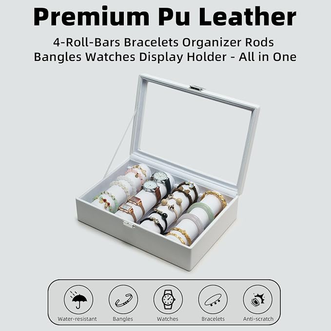 Bracelets Organizer Rods Bangles Display Holder, Clear See through Lid Leather Velvet Jewelry Storage Box Case for Women, 4 Rods White Leather - Image 6