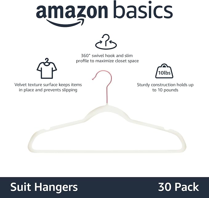 Amazon Basics Slim Velvet Non-Slip Space Saving Suit Clothes Hangers, Closet Organizer, Ivory/Rose Gold, 30-Pack - Image 2