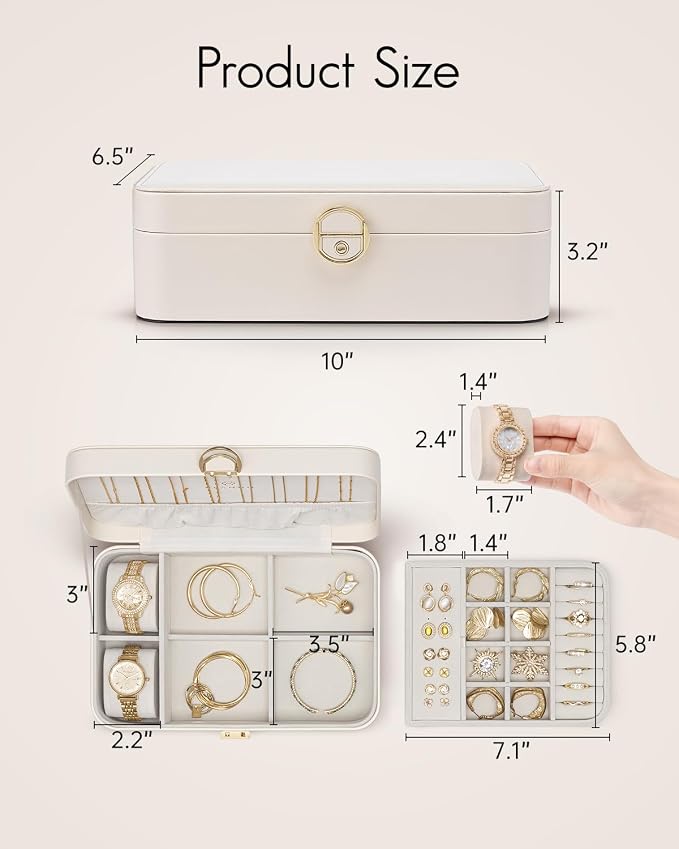 VLANDO 2 Layer Jewelry Box,Jewelry Organizer Storage Lockable Earring Organizer Removable Jewelry Tray with Watch Pillow for Neckable Ring Bracelets-Cream White - Image 3