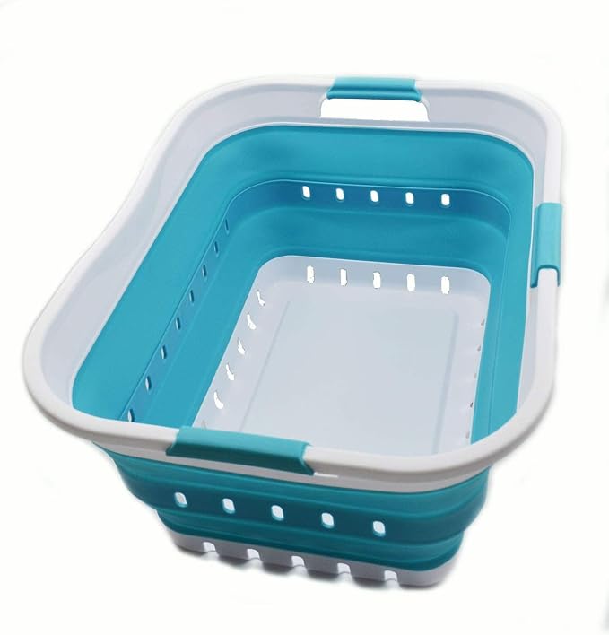 SAMMART 42L Collapsible Plastic Laundry Basket - Foldable Pop Up Storage Container/Organizer - Space Saving Hamper/Basket (1, White/Bright Blue) by SAMMART