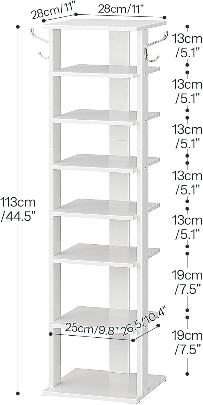 HOOBRO 8 Tiers Vertical Shoe Rack, Wooden Shoe Storage Organizer with Hooks, Narrow Shoe Tower for 8 Pairs, Space Saving, for Entryway, Living Room, Bedroom, White WT07XJ01G1 - Image 3