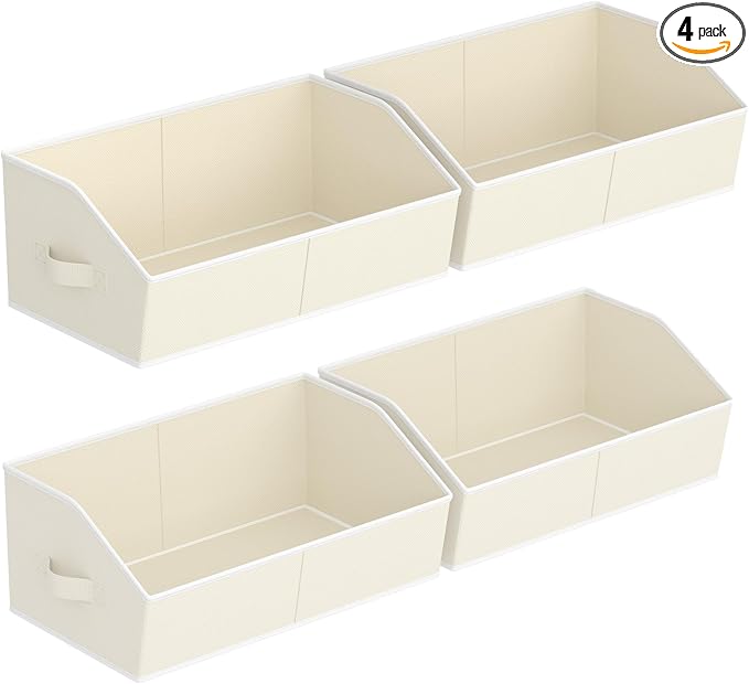 Homsorout Storage Bins for Shelves - Large Trapezoid Closet Shelf Organizer, Fabric Organization Bins with Handles, Storage Baskets for Clothes, Towel, Purse, 4 Pack, Beige by Homsorout