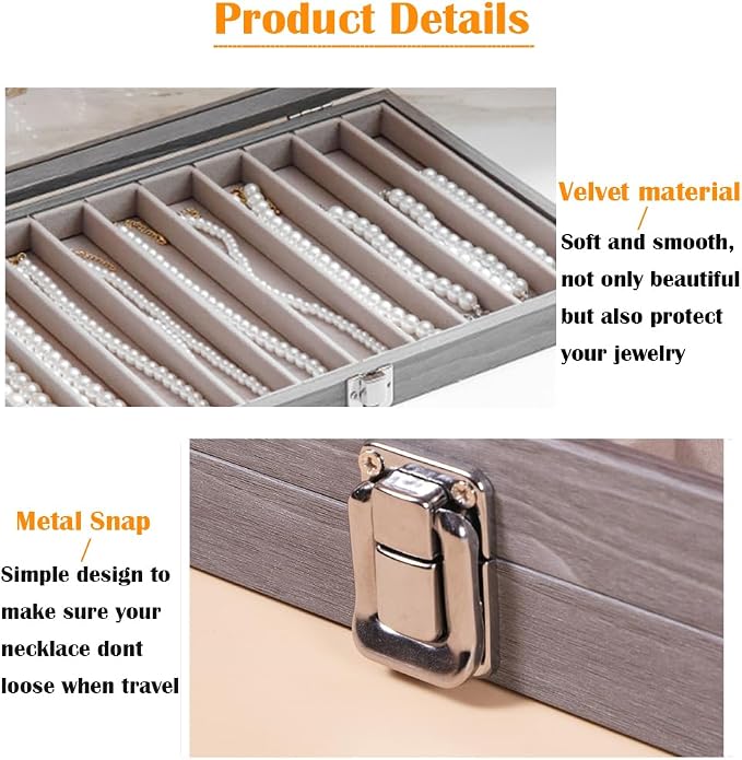 Glass Lid Necklace Organizer Box Transparent Necklace Holder Organizer Velvet Necklace Display Box Clear Lid Jewelry Storage Stackable Necklace Display Case for Women Girls (Grey) - Image 3