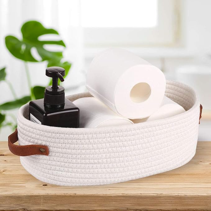 Woven Storage Basket for Toilet Tank Top,Farmhouse Home Decor Organizing Baskets for Bathroom,Table and Counter 13"x5.9"x4" White - Image 2