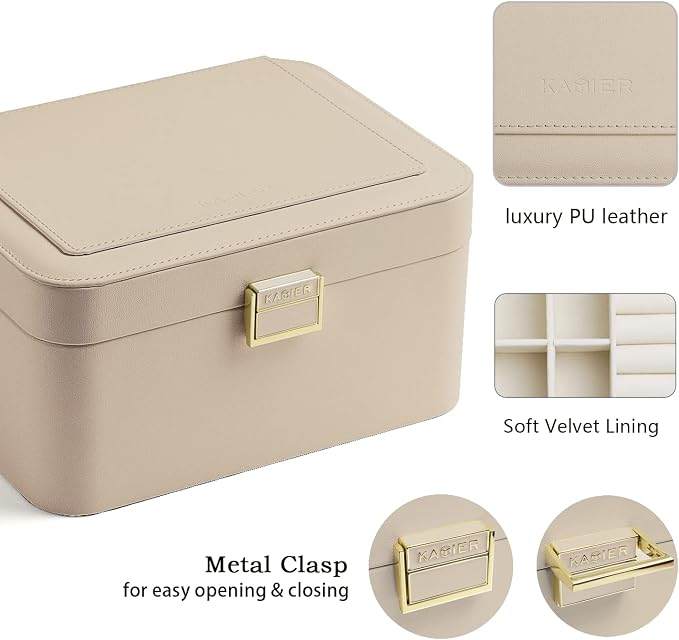 KAMIER Jewelry Organizer,2 Layer Jewelry Organizer Box for Earrings Bracelets Rings Necklaces,Luxury Leather & Soft Velvet Lined,Gift Box Packaging,Beige - Image 2