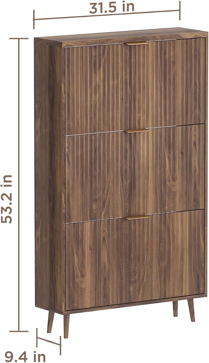 Shoe Cabinet Storage,Modern Freestanding Organizer with 3 Flip Drawers,Narrow Shoe Rack Cabinet for Entryway,Walnut - Image 2