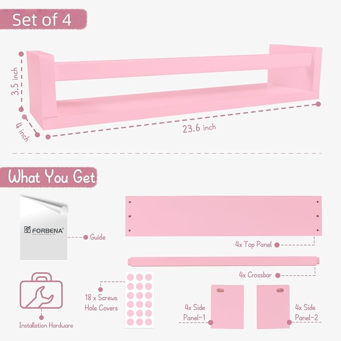 Forbena Large Pink Kids Book Shelves for Girls Room Wall Set of 4, Floating Nursery Book Shelf for Baby Girl Deocr, 24 Inches Long Wall Mounted Bookshelf for Toddler Kid Child Teens Bedroom (Pink) - Image 3