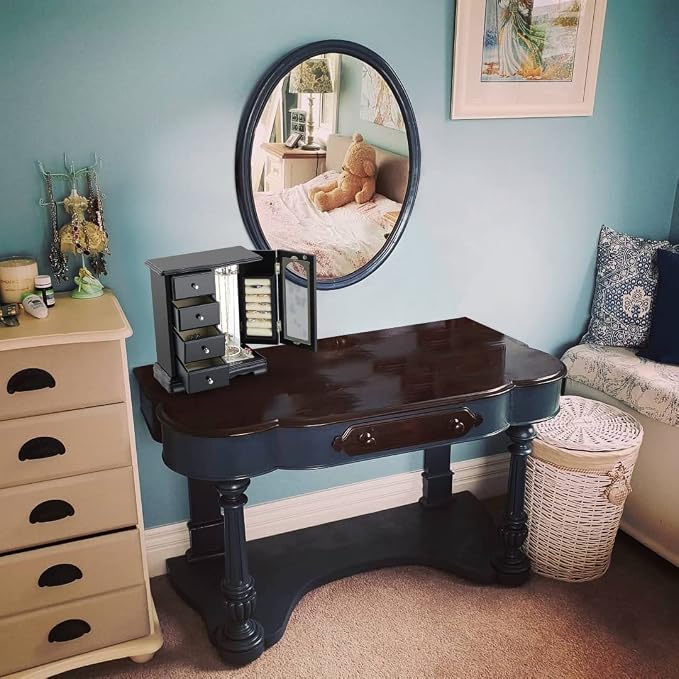 RR ROUND RICH DESIGN Jewelry Box - Made of Solid Wood with 4 Drawers Organizer and Built-in Necklace Carousel and Large Mirror Black - Image 6