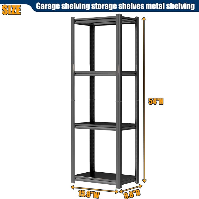 PRESTELION 54" H Metal Shelf Metal Storage Shelves 4-Tier Garage Shelving Unit Adjustable Shelf for Basement, Warehouse, Pantry, Closet, Kitchen 54" H x 15.8" W x 9.8" D, Black - Image 2